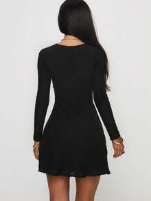 性感时尚深V领蕾丝拼接镂空长袖迷你连衣裙，秋季新品，女士秋季连衣裙 - 黑色 - 查看 4