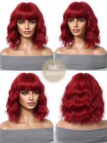 14英寸短款波浪红色假发，女士耐热自然波浪假发，带夹子，适合初学者，适用于万圣节和圣诞节 - 紅色 - 查看 6