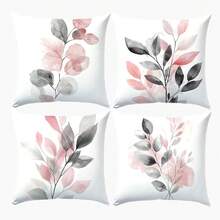 MEMNUN 4 Stück Aquarell Grau & Rosa Blatt Muster Kissenbezüge, 17,7*17,7 Zoll (45*45 cm)/19,69*19,69 Zoll (50*50 cm)/15,75*15,75 Zoll (40*40 cm), einseitiger Muster, ohne Kissenfüllung, geeignet für Heimdekoration, Wohnzimmer, Schlafzimmer, Auto, Sofa, Kopfteil