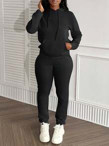 女士连帽长袖口袋纯色休闲日常上衣和裤子套装 春季服装 黑色 - 黑色 - 查看 5