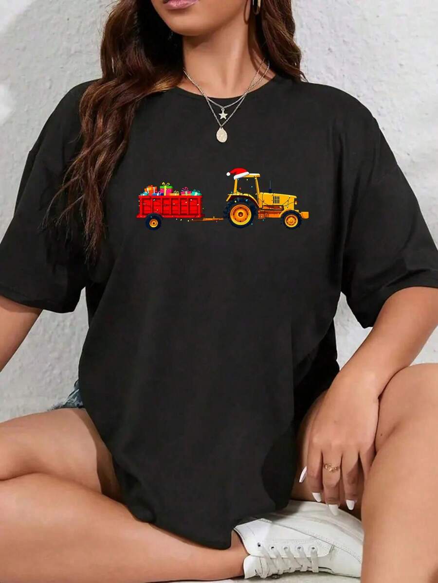 Camiseta de Navidad con Tractor y Remolque Santa Farm Farmer - Otoño 100% algodón, camiseta de cuello redondo con estampado de árbol de Navidad, top de Navidad para mujeres - Negro - Ver 1