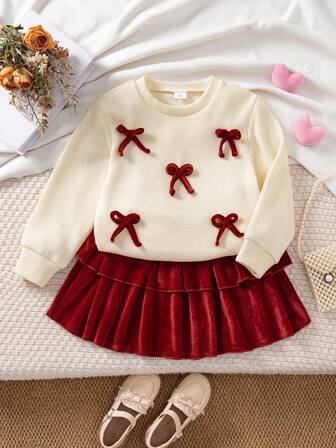 2 ชิ้น ชุดลำลองเด็กผู้หญิง: เสื้อแขนยาวประดับโบว์ + กระโปรง