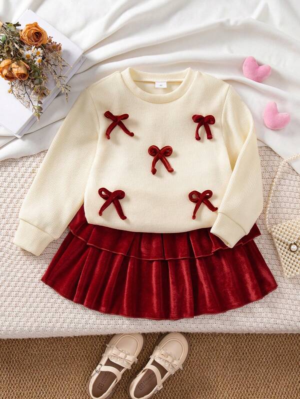 2 piezas Conjunto casual para niñas bebé: Blusa de manga larga con decoración de moño + Falda