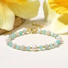 1pc Casual Elegant Natural Stone Burmese Jade Faceted Cube, Amazonite Faceted Round Beads & Pearl Adjustable Bracelet, Suitable For Women Daily Wear, Birthday, Valentine's Day Gift