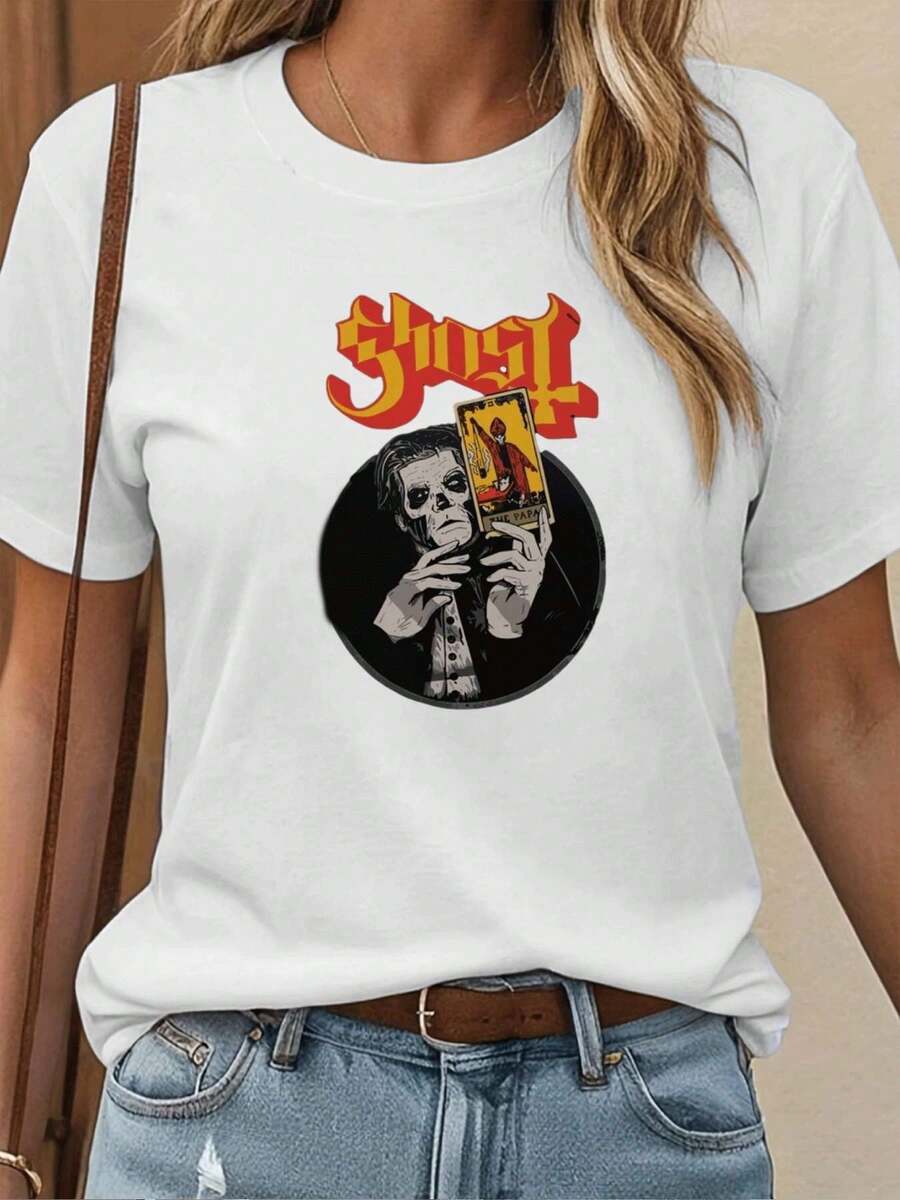 Ghost Tarot Graphic T-Shirt, 220g Cotton Casual Summer T-Shirt with Round Neck and Short Sleeves (1 Piece)