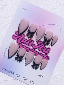 10片/套 手工杏仁形Y2K坏女孩风格美甲贴片，裸色和黑色，法式贴片，饰有水钻、十字架和珠子，适合派对、婚礼、日常佩戴，包含工具包，是送给女性和女孩的绝佳礼物。 - 黑色 - 查看 2