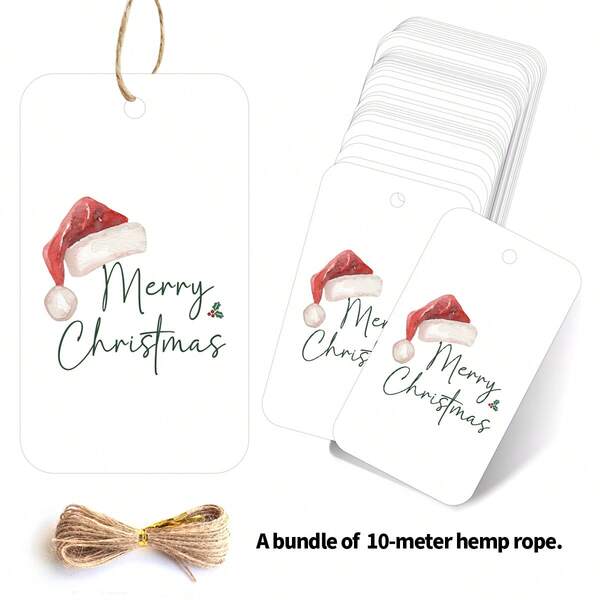 50 Stücke elegante Weihnachtsmann Mütze Geschenkanhänger mit Hanfseil - Fröhliche Weihnachten Etiketten für Geschenkverpackung, Dekorationen, Party Geschenke - Feiertags Anhänger für Familie, Freunde, Party Dekorationen