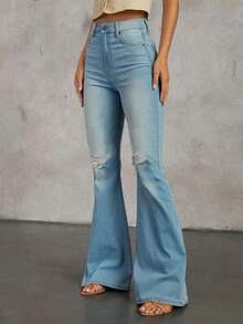 Women's Light Blue High Waisted Flare Jeans With Artistic Ripped Detailing, Premium Denim Fabric, Exuding A Vintage Modern Fusion Charm, Ideal For Both Street Style Strutting And Sophisticated Social Occasions