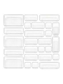 Juego de 25 organizadores de cajones de plástico transparente, multiusos para vanidad y baño en 4 tamaños diferentes, organizador de maquillaje apilable, divisores de cajón para maquillaje, cocina, escritorio, almacenamiento para vuelta al colegio en el dormitorio - transparente - Ver 8