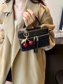 1 件女士时尚方形手提包，优雅斜挎包，带手机袋，黑色，带樱桃吊饰 - 黑色 - 查看 4