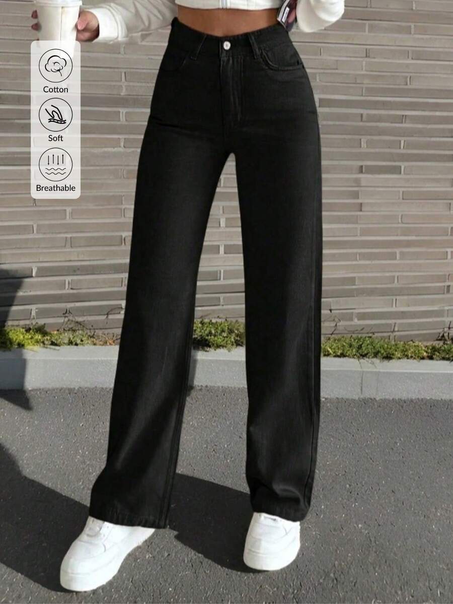 Women's High Waist Relaxed Fit Jeans With Pockets Details Gray Washed With Pockets Office Women Outfits - Black - View 1