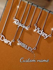 Custom Shiny Matte Name Necklace With Box Chain; Personalized Charming Sandblasted English Letter Name Necklace With Star Coil; Stainless Steel Creative Handmade Minimalist Cursive Letter Name Pendant, Suitable For Family Holiday Wear; Her Favorite Birthday Gift, Valentine's Day Gift, Christmas Gift, Mother's Day Gift. - Silver - View 2