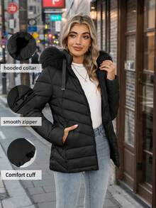 女士休闲连帽羽绒服，带口袋，轻便保暖，适合日常穿着，黑色，冬季款 - 黑色 - 查看 1