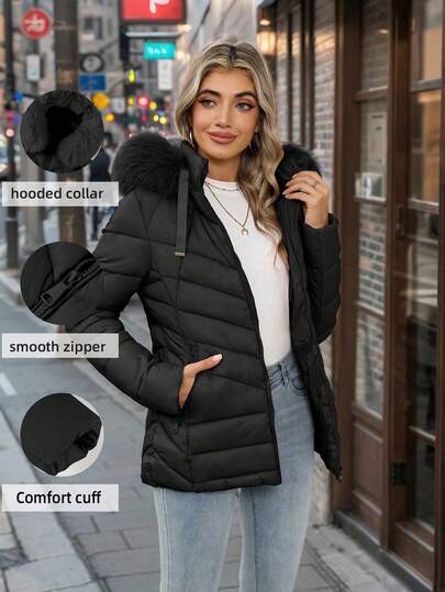 Áo khoác nữ dáng suông có mũ, lót bông, có túi, nhẹ, ấm áp cho mặc hàng ngày, màu đen, thích hợp cho mùa đông.