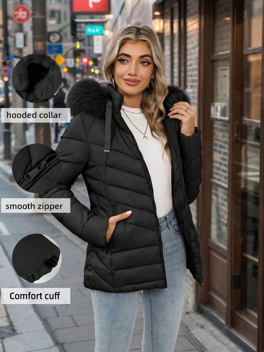 女士休闲连帽羽绒服，带口袋，轻便保暖，适合日常穿着，黑色，冬季款 - 黑色 - 查看 1