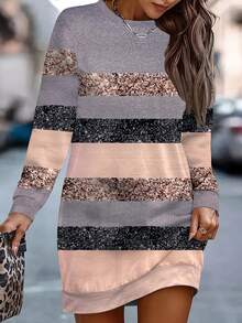 Women's Fashionable And Elegant Round Neck Long Sweatshirt Dress, Suitable For Commuting, Shopping, Casual, Spring & Autumn - Coffee Brown - View 1