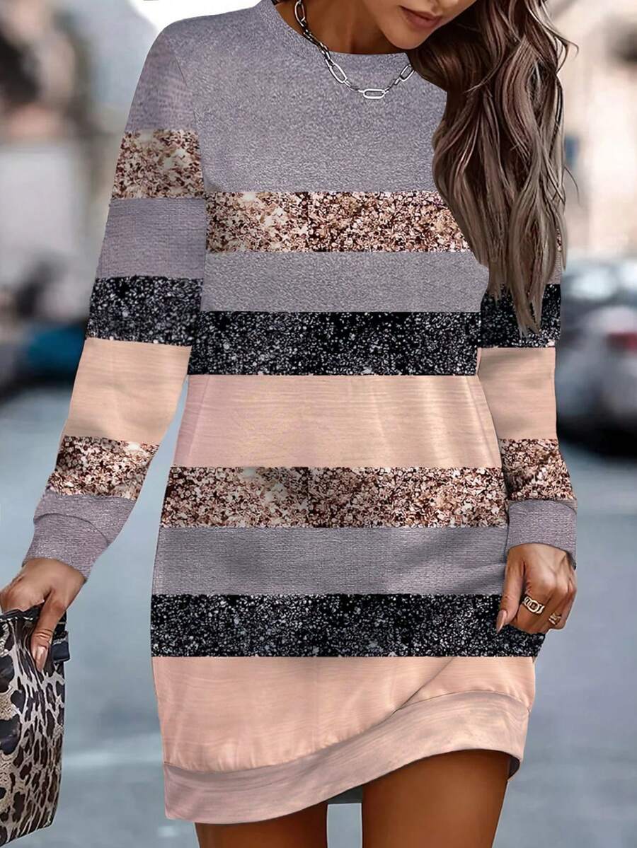 Women's Fashionable And Elegant Round Neck Long Sweatshirt Dress, Suitable For Commuting, Shopping, Casual, Spring & Autumn - Coffee Brown - View 1