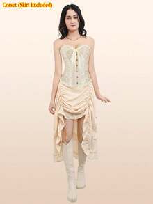 Lacing Corset For Women Lace Boned Overbust Body Shaper Bustier Sexy Satin Black White Brocade Lingeries Shapewear Top Plus Size S-6XL Beige - 米色 - 查看 2