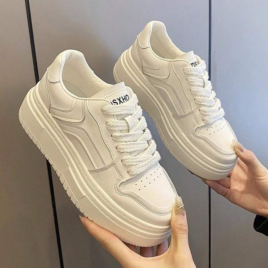 Zapatillas bajas de estudiante para mujer, deportivas de cuero, zapatos casuales blancos ligeros de suela gruesa para mujer