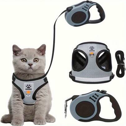 1 Adjustable Anti-Escape Cat Harness With 5M Retractable Leash, Polyester Mesh Design, Ergonomic Chest Strap And Safety Buckle, For Walking, Indoor/Outdoor Use, Cat Leash, Indoor Pet Control, Modern Pet Gear, Sturdy Pet Accessory