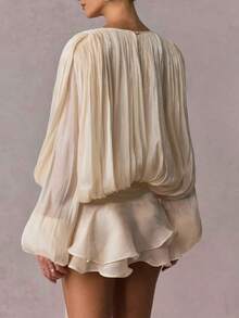 Women's Elegant Ruffle Mini Dress Long Lantern Sleeve V-Neck Lace Up Layered Pleated Loose Short Dress Tie High Waist Cocktail Swing Mini Dresses - 杏色 - 查看 3