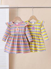 Toddler & Baby Girls' 2-Piece Dress Set: Rainbow Striped Floral Dresses With Ruffled Sleeves - For Autumn & Winter Outer Wear - Multicolor - View 9