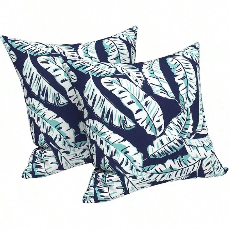 Outdoor/Indoor Throw Pillows, 18x18 Square Pillows With Inserts Bed, Couch, Sofa & Patio Furniture (Set Of 2, Monstera Blue), Decorative Pillows - 波羅的海棕櫚白 - 查看 1