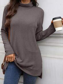 Womens Knit Tops Fall Long Sleeve Turtleneck Solid Color Slit Hem Casual Pullover Sweater - Coffee Brown - View 3