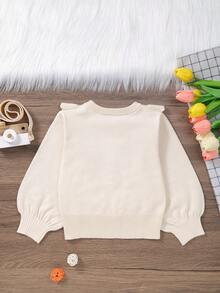Girls' Elegant Ruffle Trim Round Neck Drop Shoulder Long Sleeve Knit Sweater - Beige - View 7