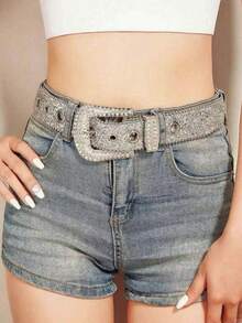 1pc Rhinestone Decor Metal Ring Buckle Belt, Suitable For Daily Matching