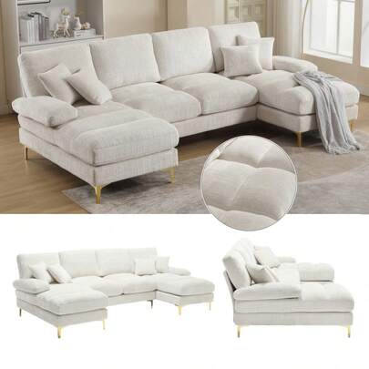 Modern Large Chenille U-Shape Sectional Sofa With Double Reclining Seats For Living Room Bedroom Office Apartment Villa Living Room Home By The Fireplace
