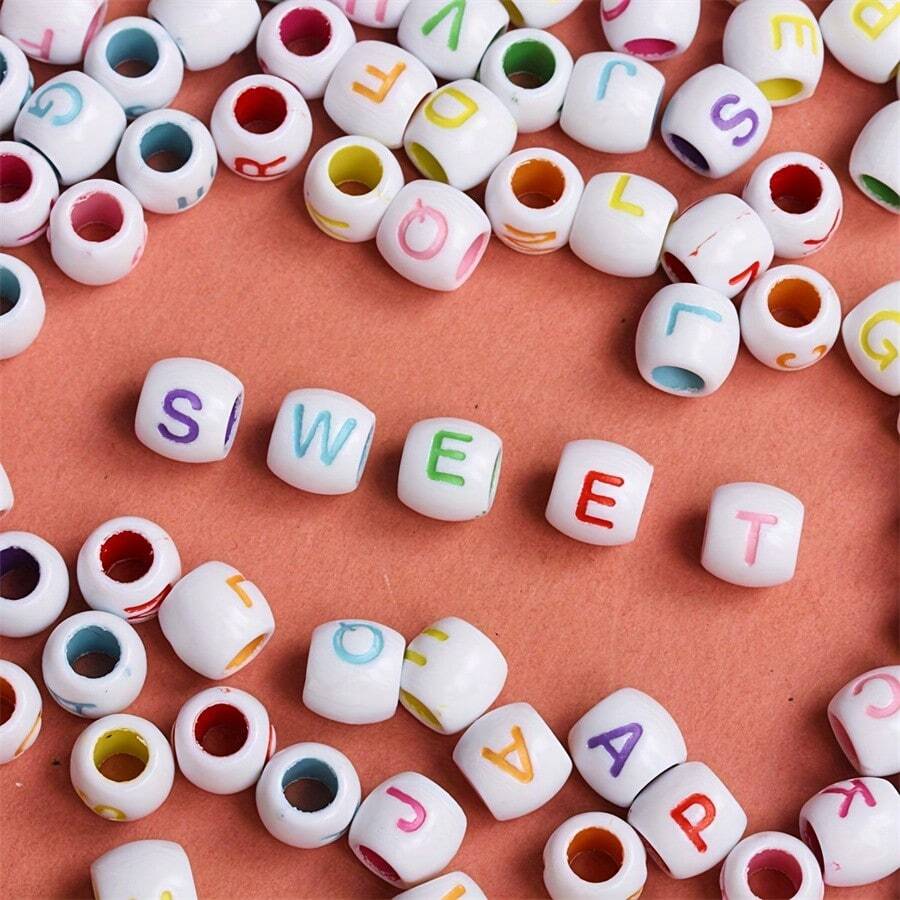 100Pcs Large Hole Acrylic Barrel Shaped Letter Beads 8 * 9mm For DIY Jewelry Making - White Base With Multicolor Letter Beads, Perfect For Bracelets, Necklaces & Craft Projects - 100 - Xem 1