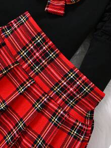 مجموعة تنورة مربعات ولباس علوي كروشيه بأكمام منتفخة وياقة طاقم، أكمام طويلة للربيع/الخريف، قطعتان/مجموعة - الأسود - مشاهدة 5