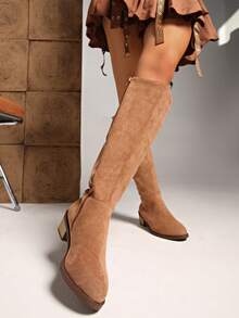 西式侧拉链新款叠跟梅拉德圆头扣带中筒靴女靴 - 卡其色 - 查看 3