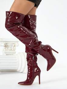女士尖头侧拉链秋冬靴，性感夜店紧身靴，过膝靴，真皮/漆皮靴，酒红色，勃艮第酒红色高跟鞋，细高跟鞋 - 酒紅色 - 查看 3