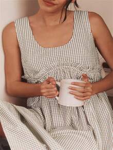 Women's Sleeveless Dress Scoop Neck Plaid Print Loose Dress - 卡其色 - 查看 5