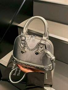 1pc Fashion Silver PU Material Rivet Chain Decor Adjustable Strap Shell Bag, Women Y2K Punk Style Mini Crossbody Shoulder Handbag, Suitable For Millennium Aesthetic, Dance Party Accessory - Silver - View 2
