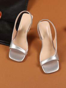 1 par de sandalias de tacón con cierre deslizante de color plateado para adolescentes, de material suave de PU, con punta abierta, tacón de aguja, elegantes y de moda, adecuadas para uso diario, casual, viajes y oficina en verano