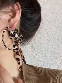 Autumn Leopard Print Tassel Bow Decor Large Hoop Earrings, Lightweight Luxurious Elegant Hoops (Leopard Pattern Random)