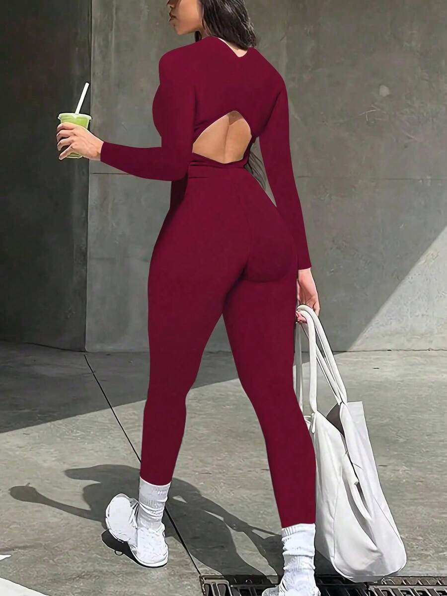 休闲经典圆领后交叉前拉链长袖连体裤紧身衣春夏新品露背