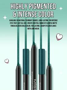 Misslyn 防水彩色眼线液，持久显色，质地柔滑滋润，哑光、珠光、闪光三种妆效可选，轻松打造浓郁精准的线条，可用卷笔刀削尖，防晕染、防水、持久、防汗，显色度高。品牌：彩妆