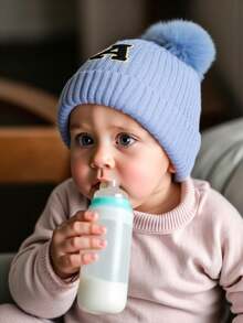 1 pieza Gorro de punto grueso de unicolor con 26 letras para niños pequeños, gorros de calavera cálidos para niños, gorros de punto cálidos para bebés para interiores y exteriores - Azul - Ver 4