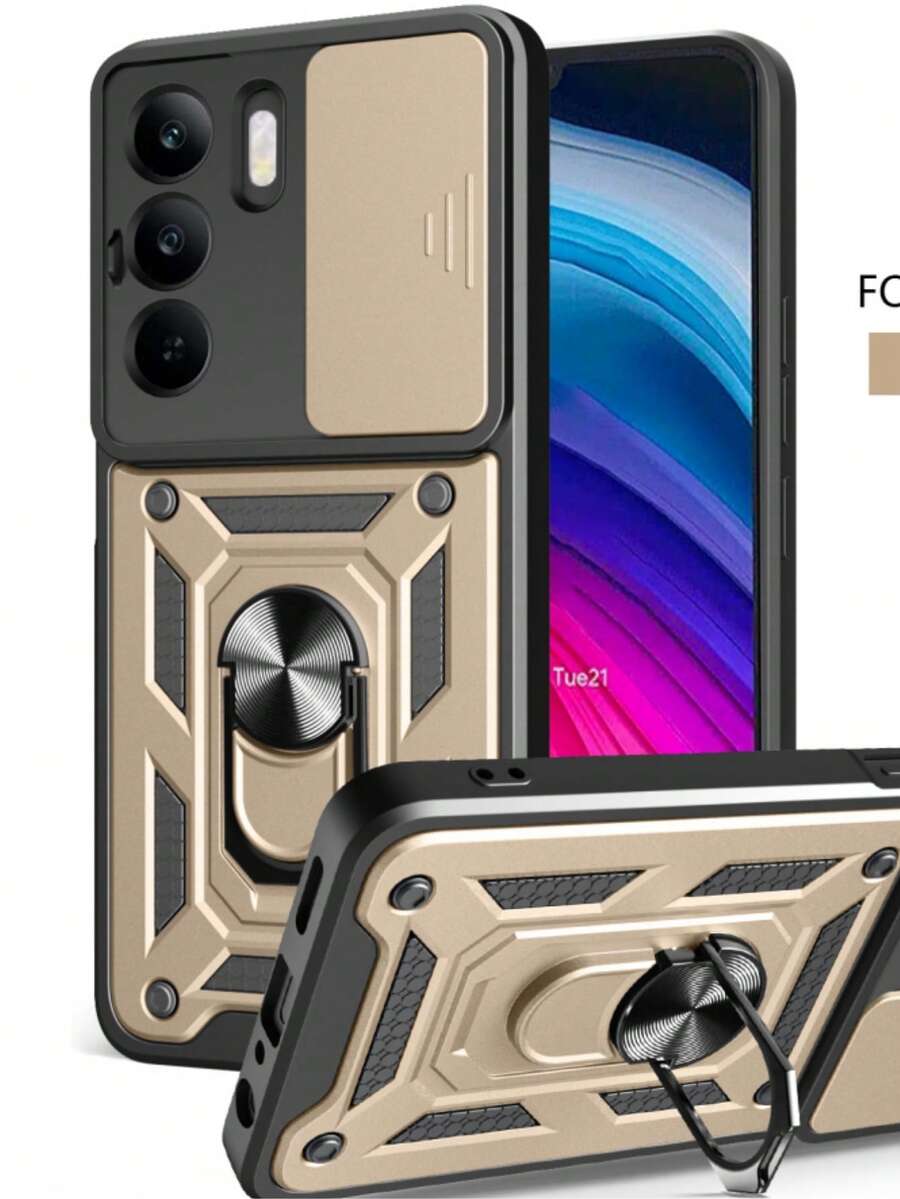 1 件黑色带滑动相机盖和旋转磁环支架，重型超薄防震混合坚固防摔保护套女士男士女孩手机壳苹果兼容 16pro/16promax/16plus/16/15pro/15promax - 金色 - 查看 1