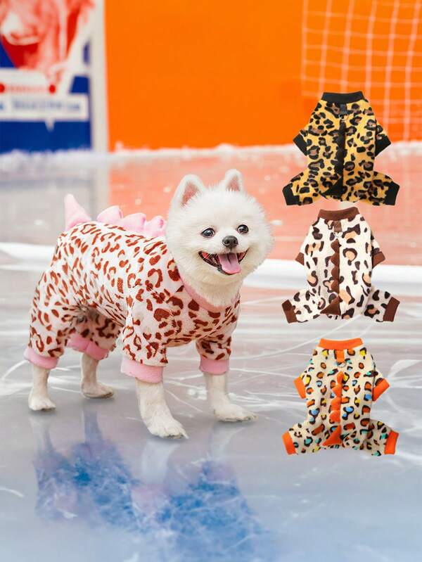Leopard Print Fleece Jumpsuit Pet Costume, Warm Four-Leg Outfit Suitable For Small Dogs