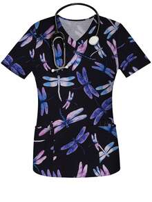 Women's Dragonfly Fun Print Spring & Summer VNeck Fall Scrub Short Sleeve Nurse Uniform Tops With Pockets For Women - Black - View 3