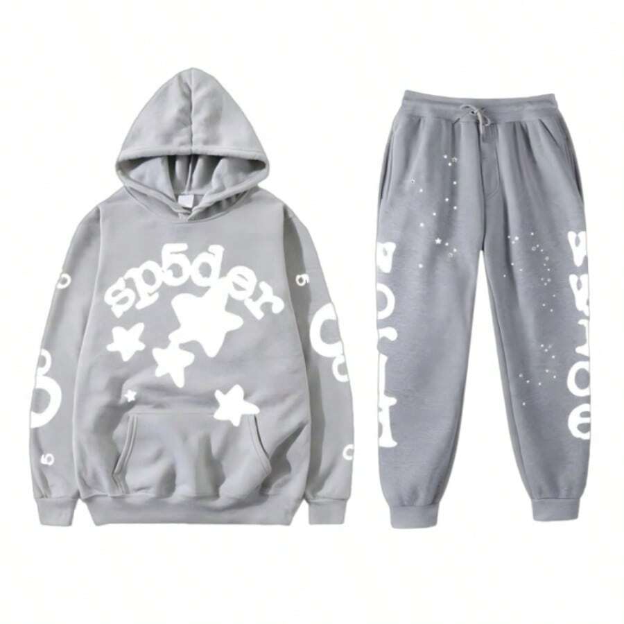 Fashion Street Hooded Set - Playful Star And Letter Print, Loose Casual Design, Preferred Two - Piece For Daily Sports And Streetwear  Spring/Fall    Regular Fit    Drawstring  Pocket - 灰色套裝 - 查看 1