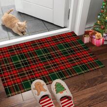 1pc Long/Short Christmas Theme Vintage Red And Green Plaid Pattern Printed Soft Imitation Cashmere Material TPR Backing Kitchen Mat,Door Mat,Bath Mat,Bedroom Mat,Dinging Room Mat,Home Decoration,Holiday Decoration,Christmas Decoration,Kitchen Decoration - Multicolor - View 4