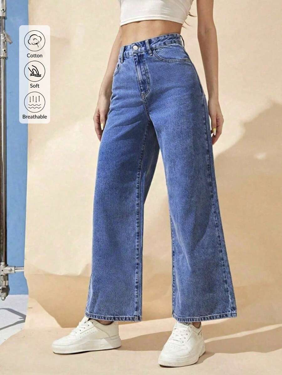 Pantalones vaqueros de mujer de cintura alta, pata ancha y longitud hasta el tobillo, de unicolor con bolsillos, cierre con cremallera y botón, estilo casual - Azul - Ver 1