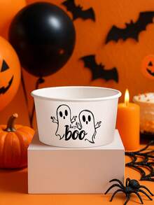 10pcs Halloween Themed Disposable Paper Bowl, Halloween Black White Ghost Pattern Party Decoration Paper Bowl, Halloween Ghost Disposable Food Container, Halloween Dining Table Decoration Paper Bowl, Halloween Horror Element Disposable Paper Container, Paper Bowl Container For Treat Candy Snack Nacho Cookie Trick Or Treating Birthday Party Favor, Halloween Decoration, Halloween Food Tray