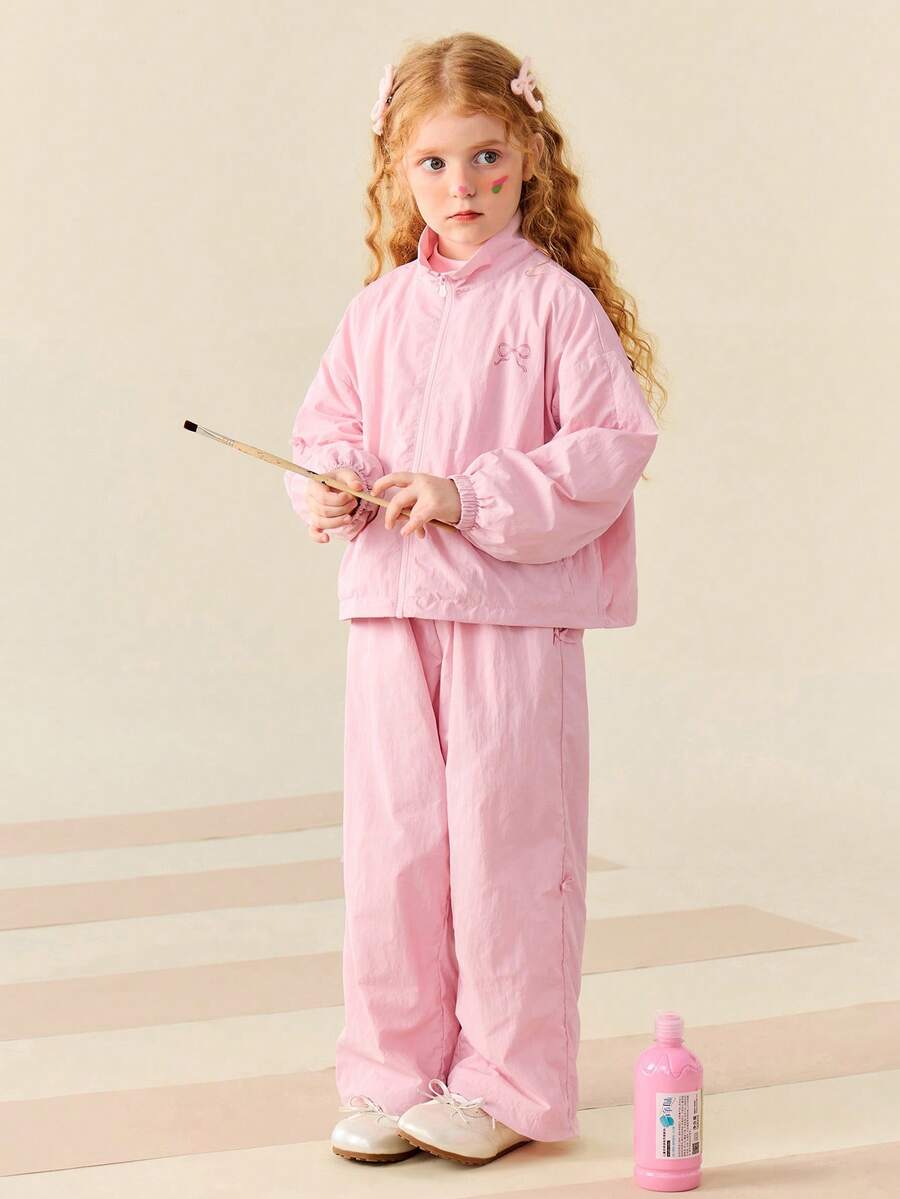 mini bala Girls Cute Bow Two Pieces Set Loose Top And Pants Soft Comfortable Stylish - Pink - View 1